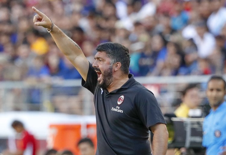 AC Milan manager Gennaro Gattuso urges his team to step up during their ICC 2018 match with Barcelona