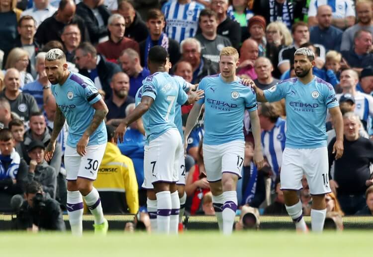 Kevin De Bruyne scores the opener for Manchester City during their Premier League clash with Brighton