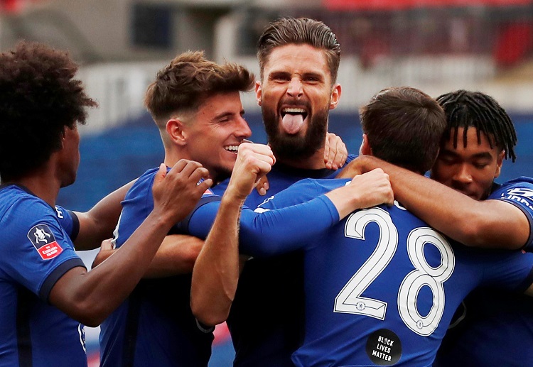 Chelsea’s Olivier Giroud celebrates after scoring the first goal against Man United in the FA Cup