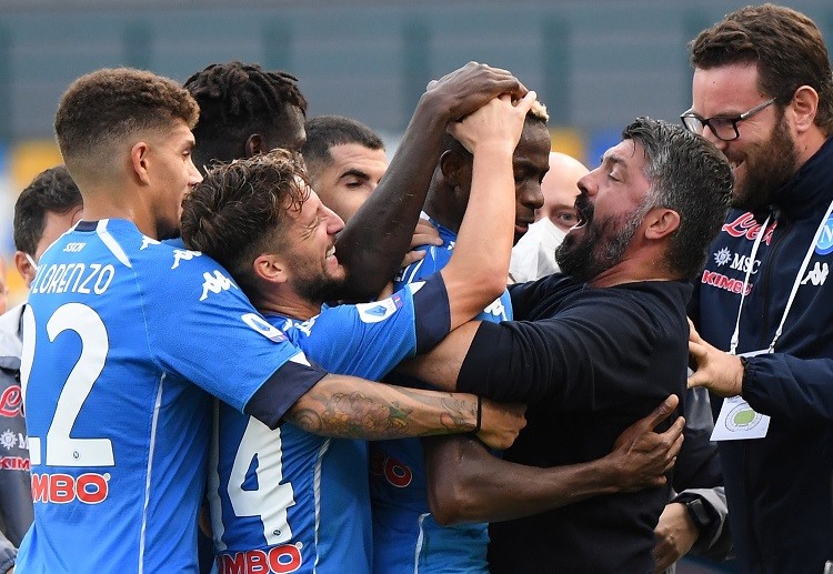 Victor Osimhen celebrates with teammates after scoring his first ever goal for Napoli in Serie A