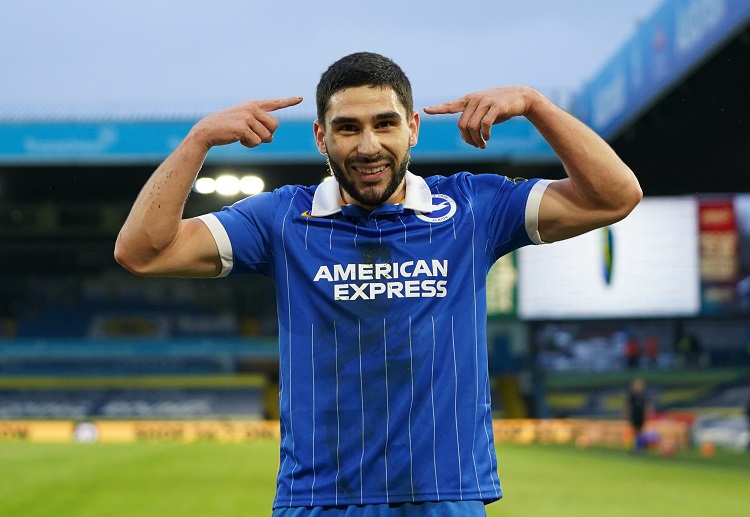 Neal Maupay celebrates scoring against Leeds United in the Premier League